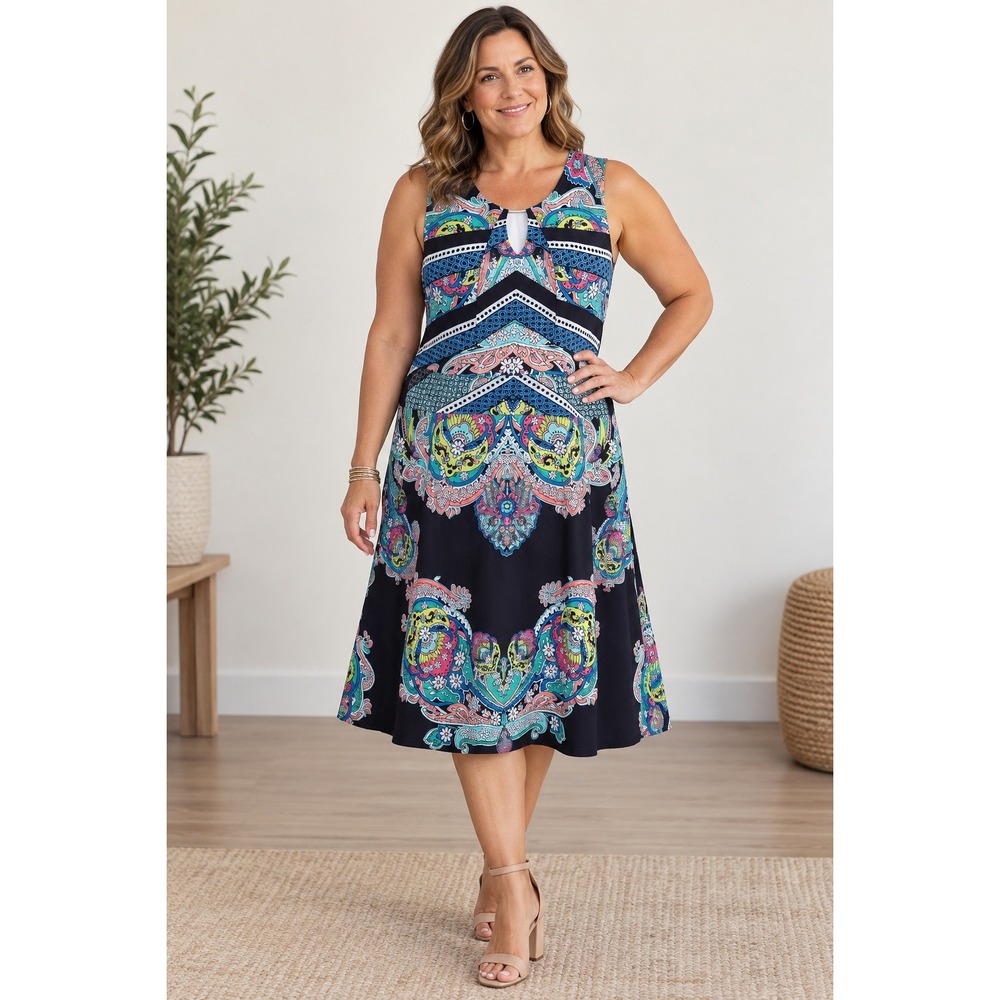NY Collection Womens Paisley Geometric V-Neck Sleeveless Shift Dress Navy Large